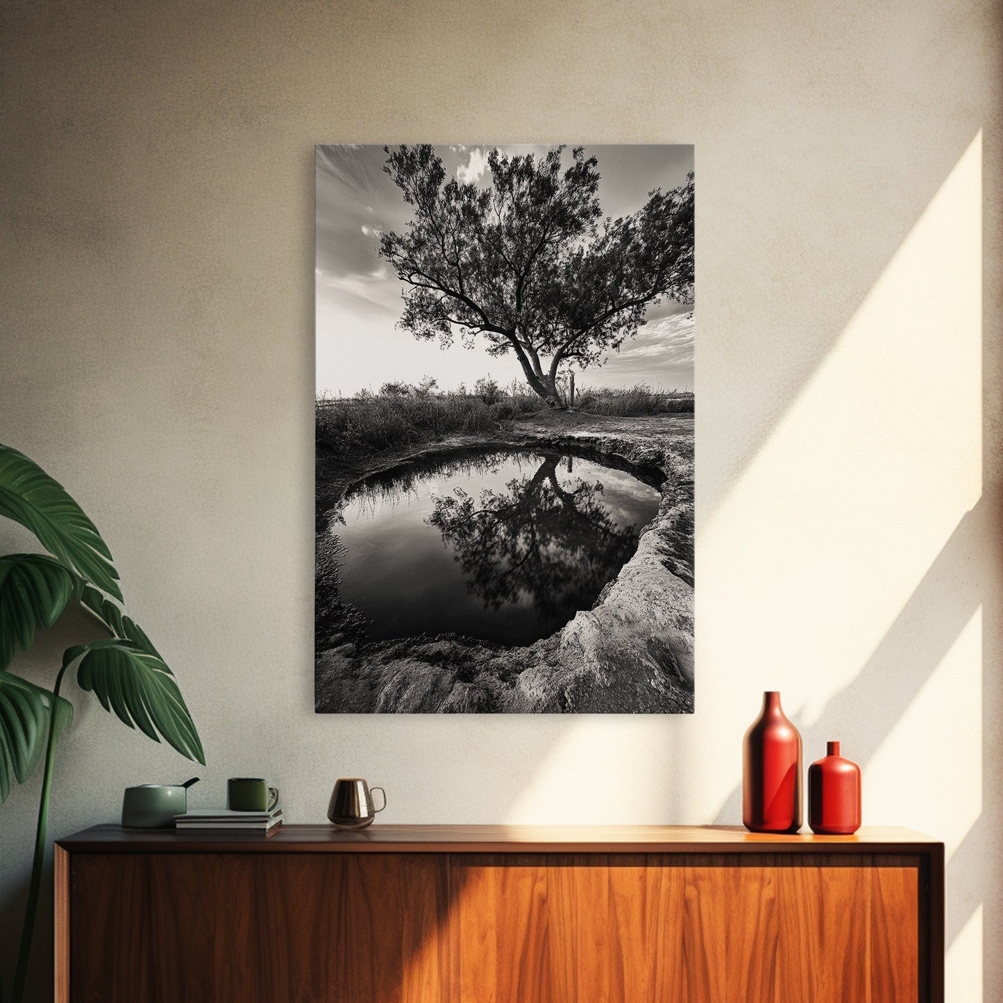 Tree Reflection, Still Water, Peaceful Nature, Framed Canvas Print, Tranquil Wall Art, Rustic Bedroom Decor, Black and White Photography