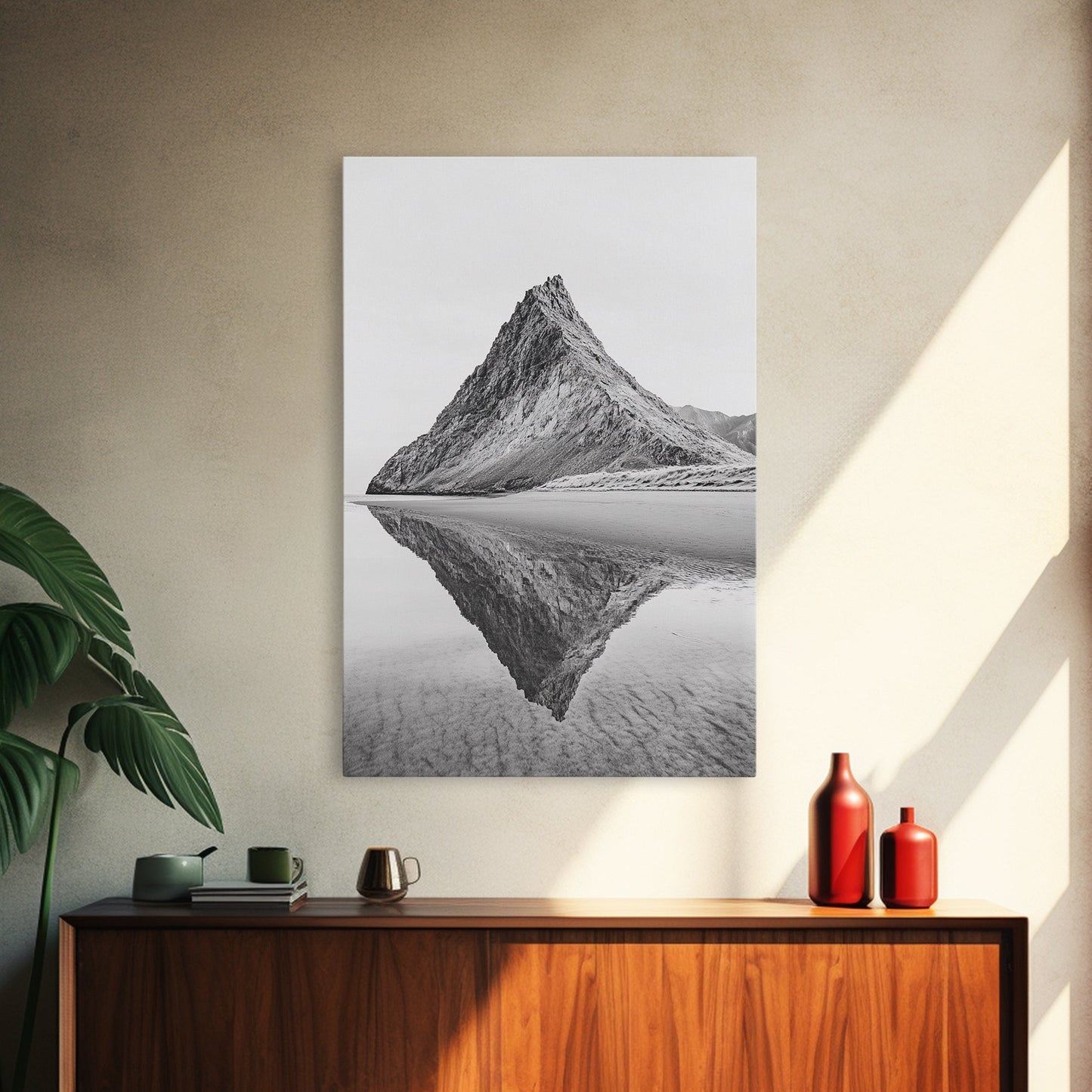 Mountain Mirror, Coastal Peak, Serene Beach, Canvas Print, Minimalist Landscape Art, Modern Living Room Wall Decor, Monochrome Nature Style