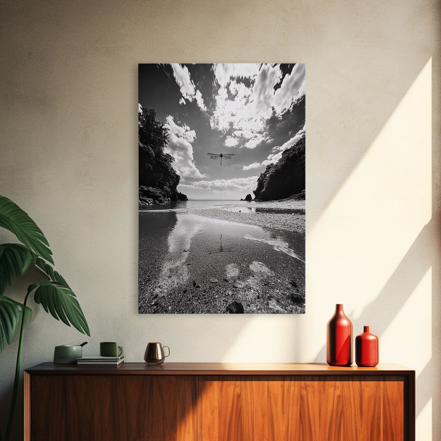 Dragonfly Flight, Beach View, Nature Dream, Framed Canvas Print, Whimsical Wall Art, Surreal Living Room Decor, Black and White Nature Style