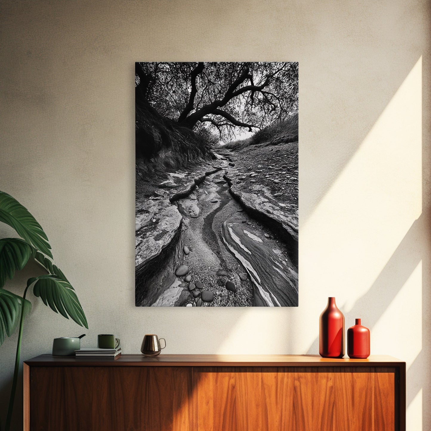 Dry Creek, Twisted Tree, Rocky Path, Framed Canvas Print, Moody Autumn Wall Art, Earthy Entryway Decor, Nature Texture Photography