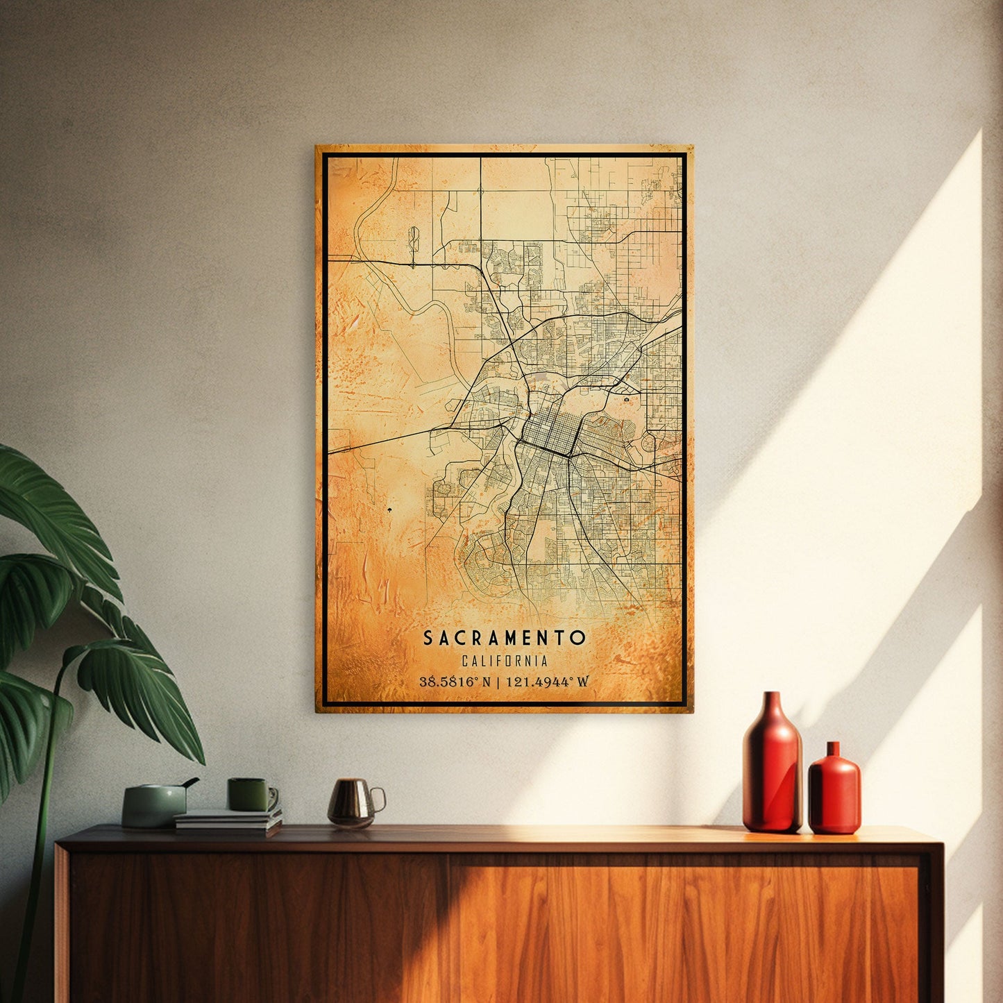 Vintage Sacramento map print poster or framed canvas | Sacramento city map print poster canvas | Sacramento, California print poster canvas