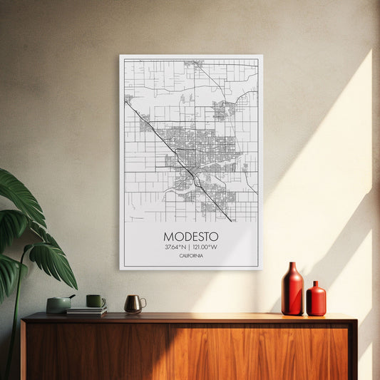 Modesto Street Map, California Map, City Map Art, Modern Art, Wall Art, Canvas Print, Home Décor Wall Art, Friendship Gift, Travel Wall Art