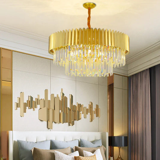 Postmodern Round Gold Stainless Steel Crystal LED Chandelier - Contemporary Illumination for Dining Elegance