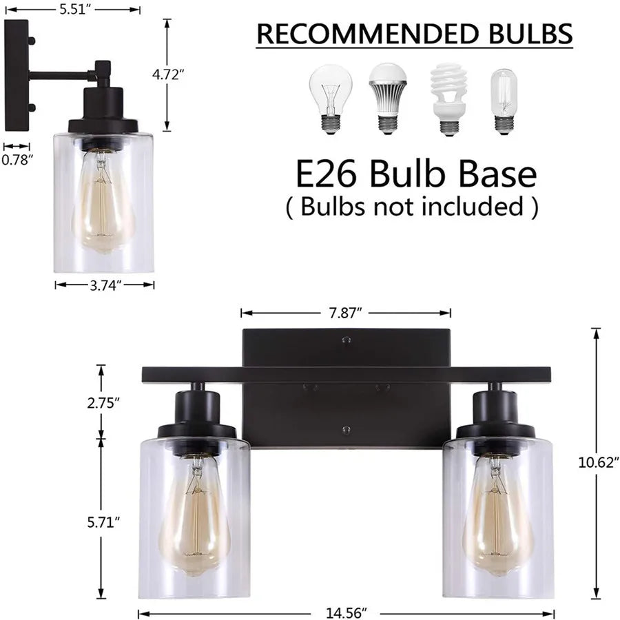 Vintage Industrial 2-Light Bathroom Vanity Light Fixtures - Matte Black Metal and Glass Sconces