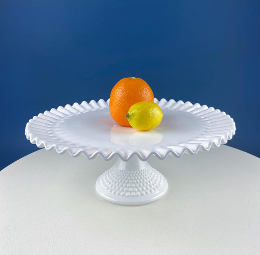 Vintage Hobnail Milk Glass Cake Stand. White 13" Cake Serving Platter with Ruffled Edge. Wedding Birthday Holiday Celebration. Dining Rm Decor