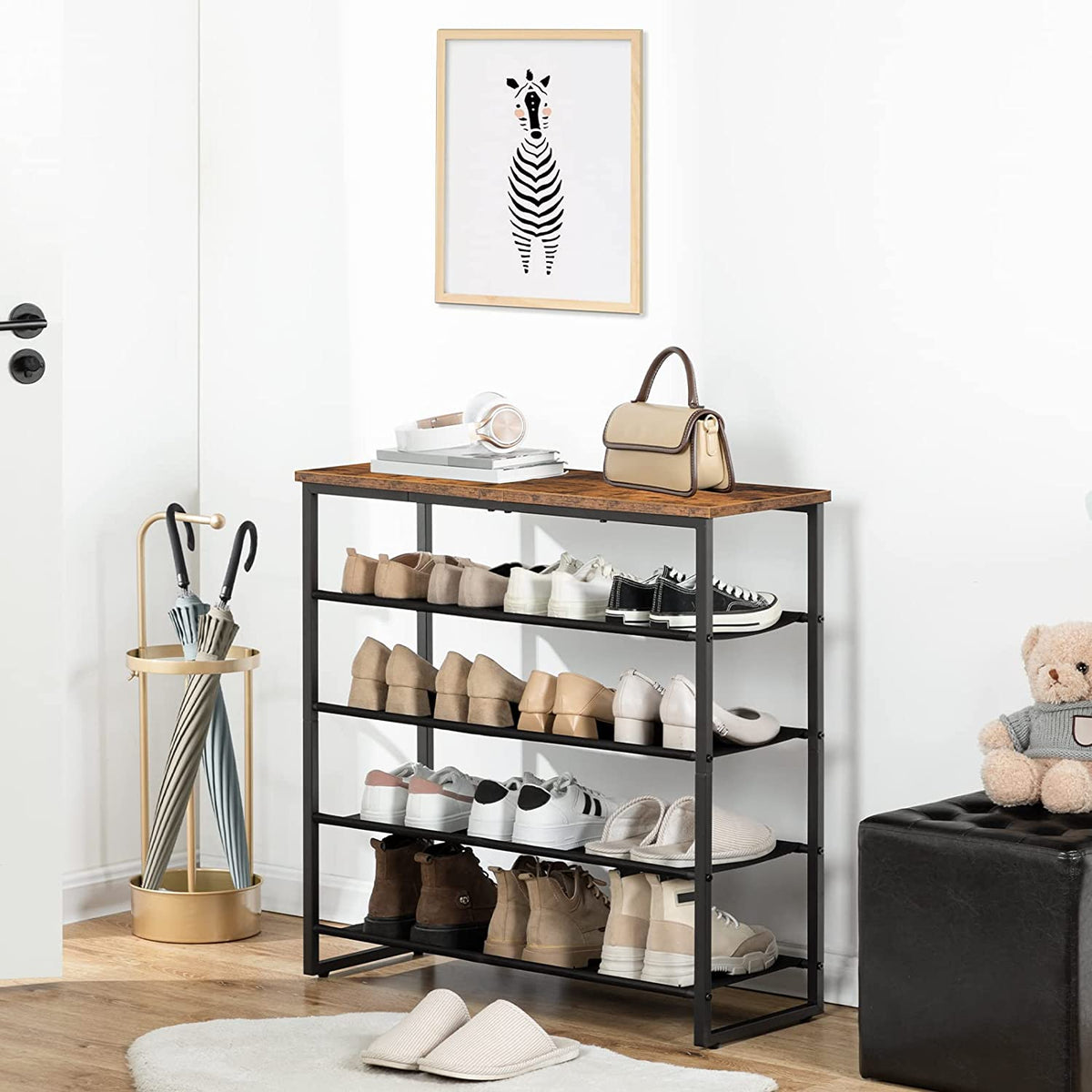 Shoe Rack, 5 Tier Shoe Storage Organizer, Shoe Shelf with 4 Fabric Shelves and Top Panel