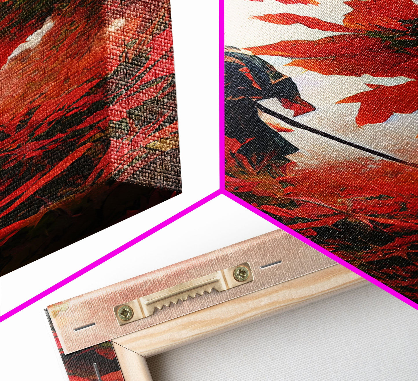 Samurai In a Japanese Maple Forest, Framed Canvas Print, Ready To Hang Framed Wall Art, Living Room Wall Hanging