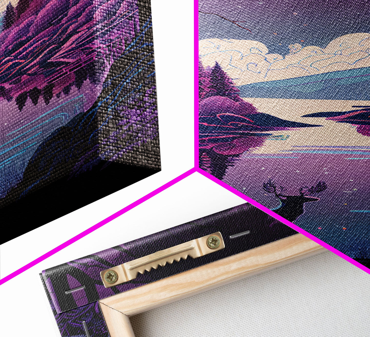 Mystical Deer Purple Forest Lake Wall Art Canvas Print - Serene Nature Scene Vibrant Artwork