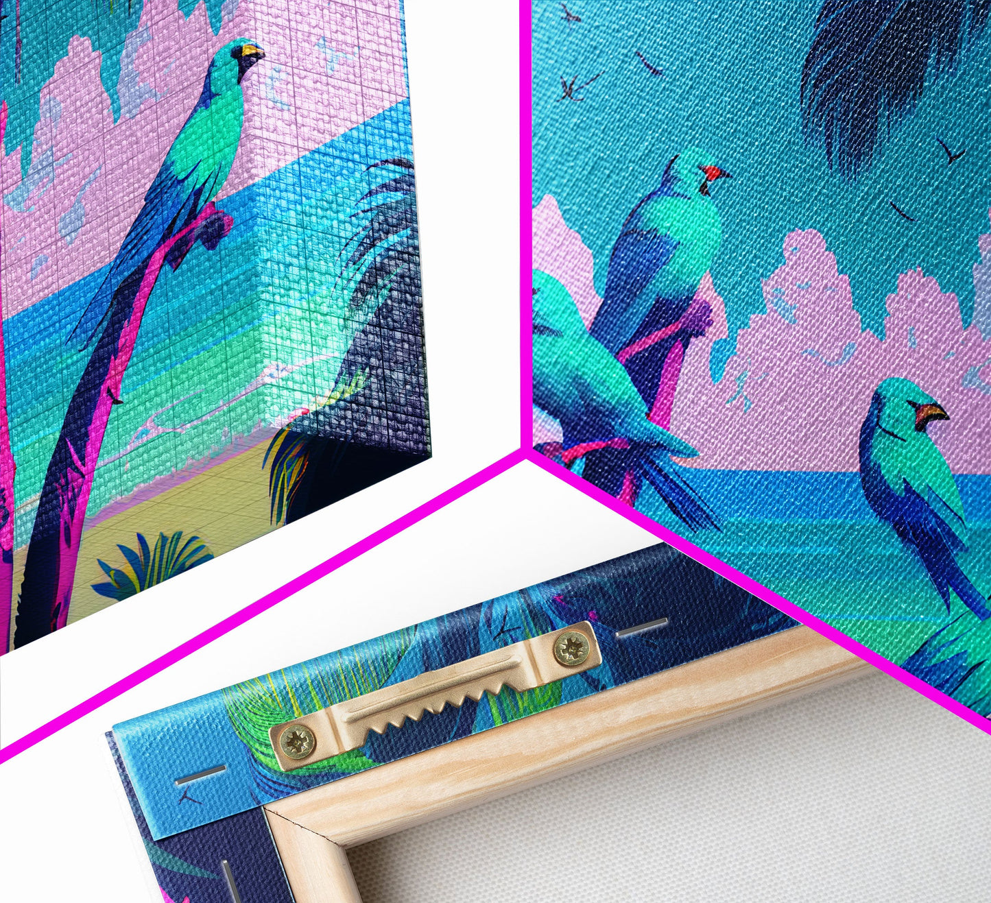 Tropical birds of paradise, synthwave, vaporwave wall art, framed canvas print