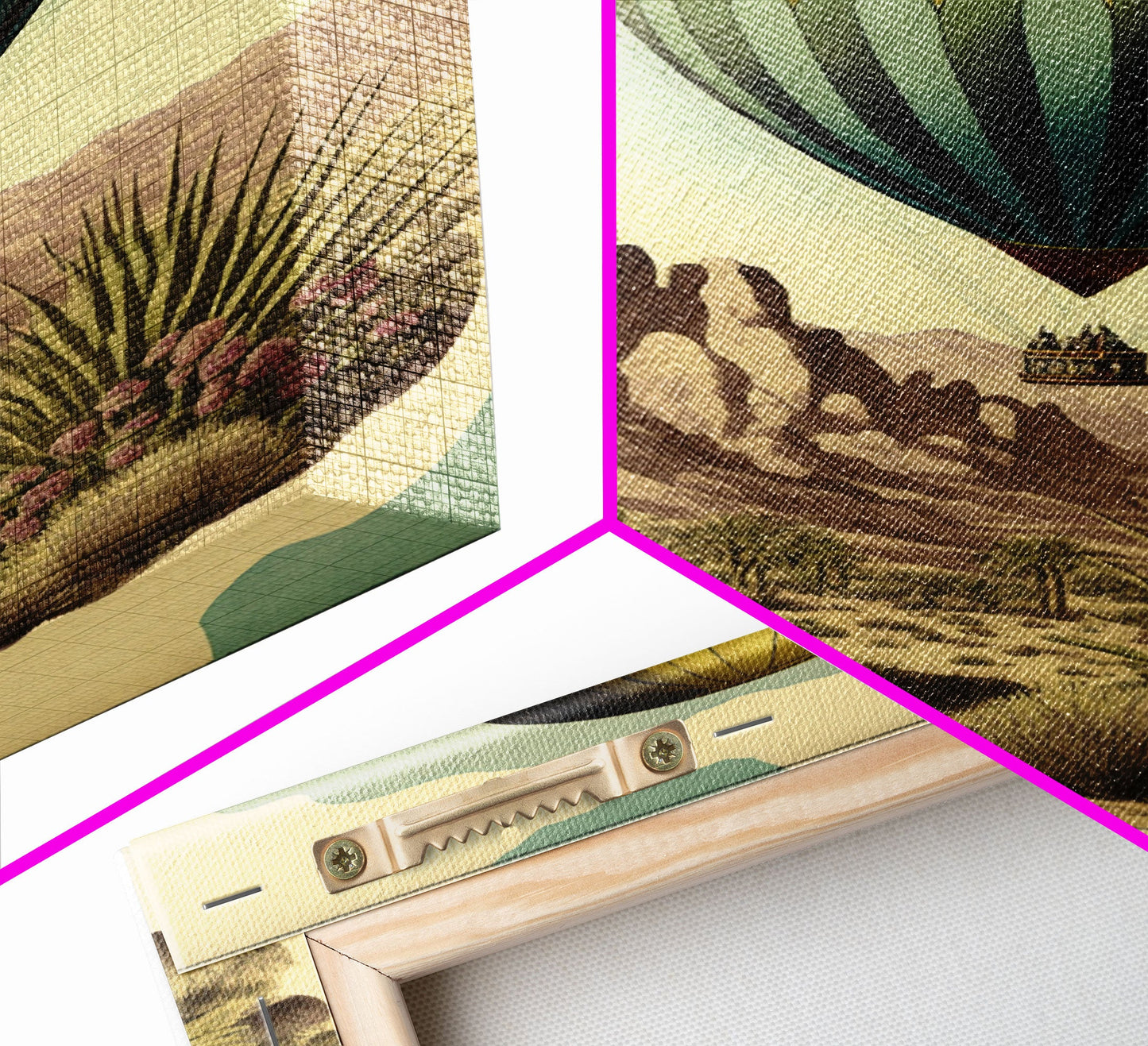 Retro Art Deco Style Hot Air Balloon Art, Framed Canvas print, framed wall art, desert landscape with cactus