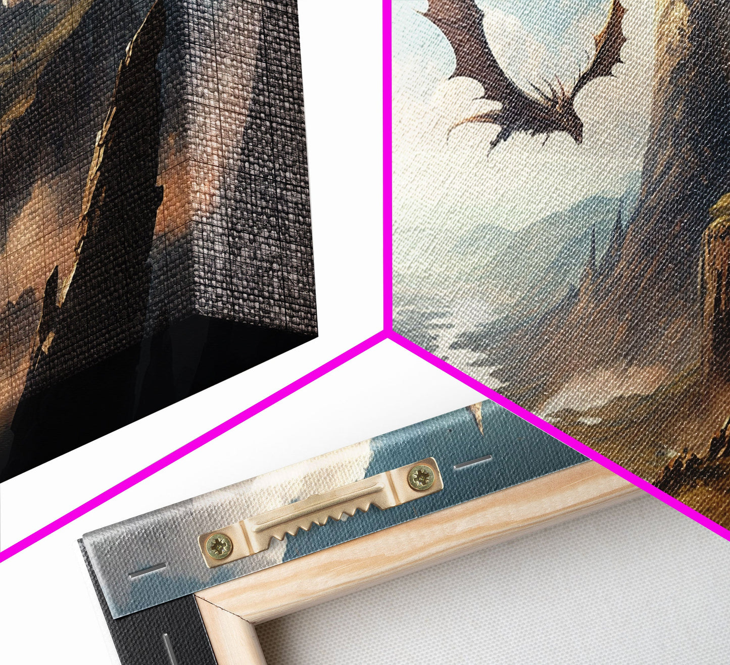 Dragons in Flight Over a Valley, Fantasy Art, Framed Canvas Print, Medieval Fantasy Art, Fire breathing dragons