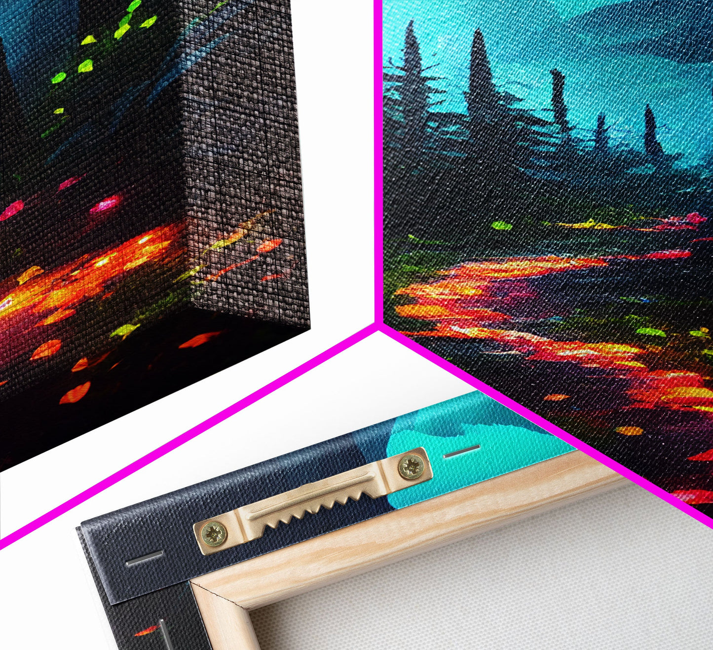 Luminescent magical forest poster art, fine art print, glowing trail though the trees, fantasy art, gloomy wall art, dark decor