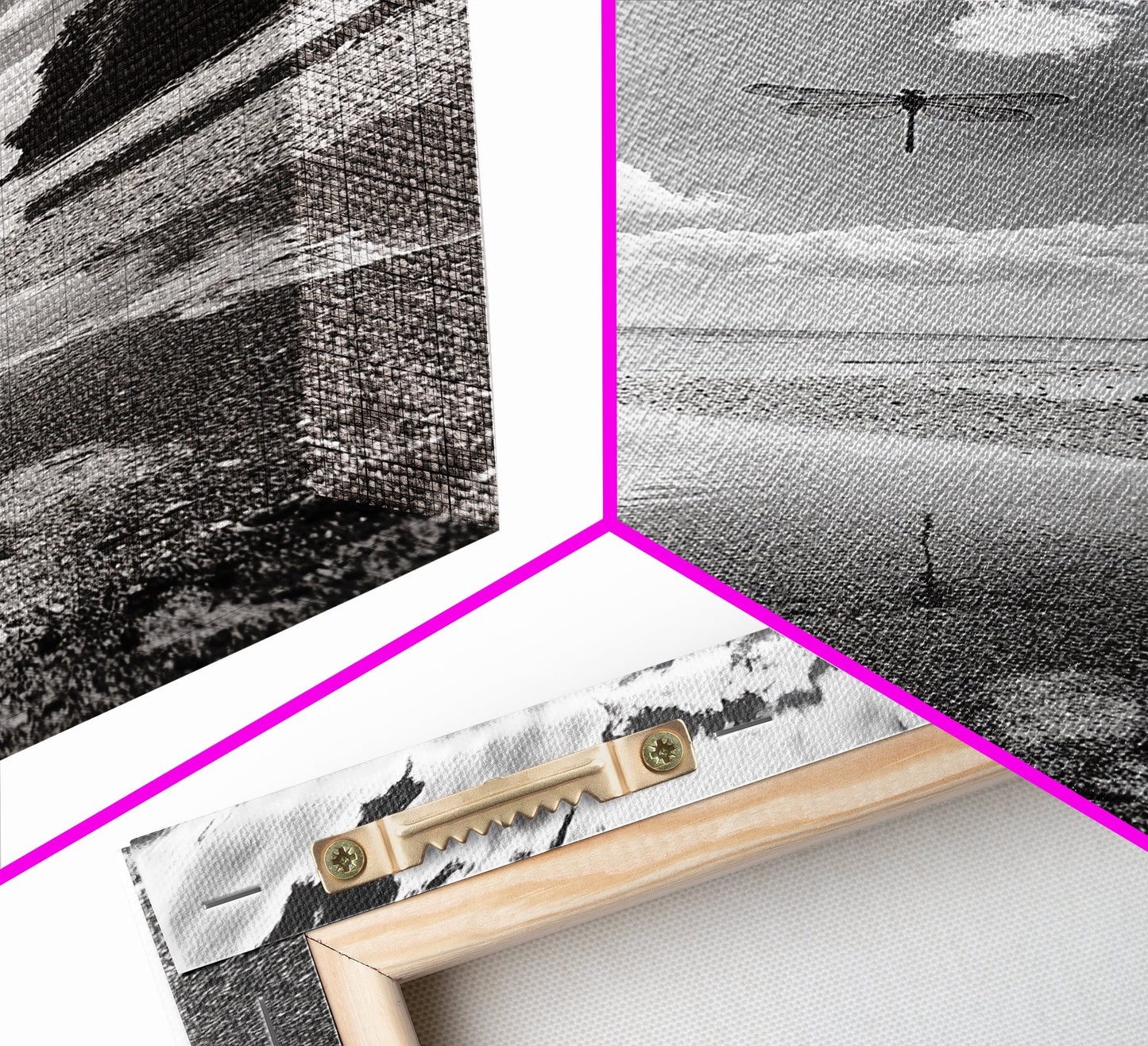 Dragonfly Flight, Beach View, Nature Dream, Framed Canvas Print, Whimsical Wall Art, Surreal Living Room Decor, Black and White Nature Style