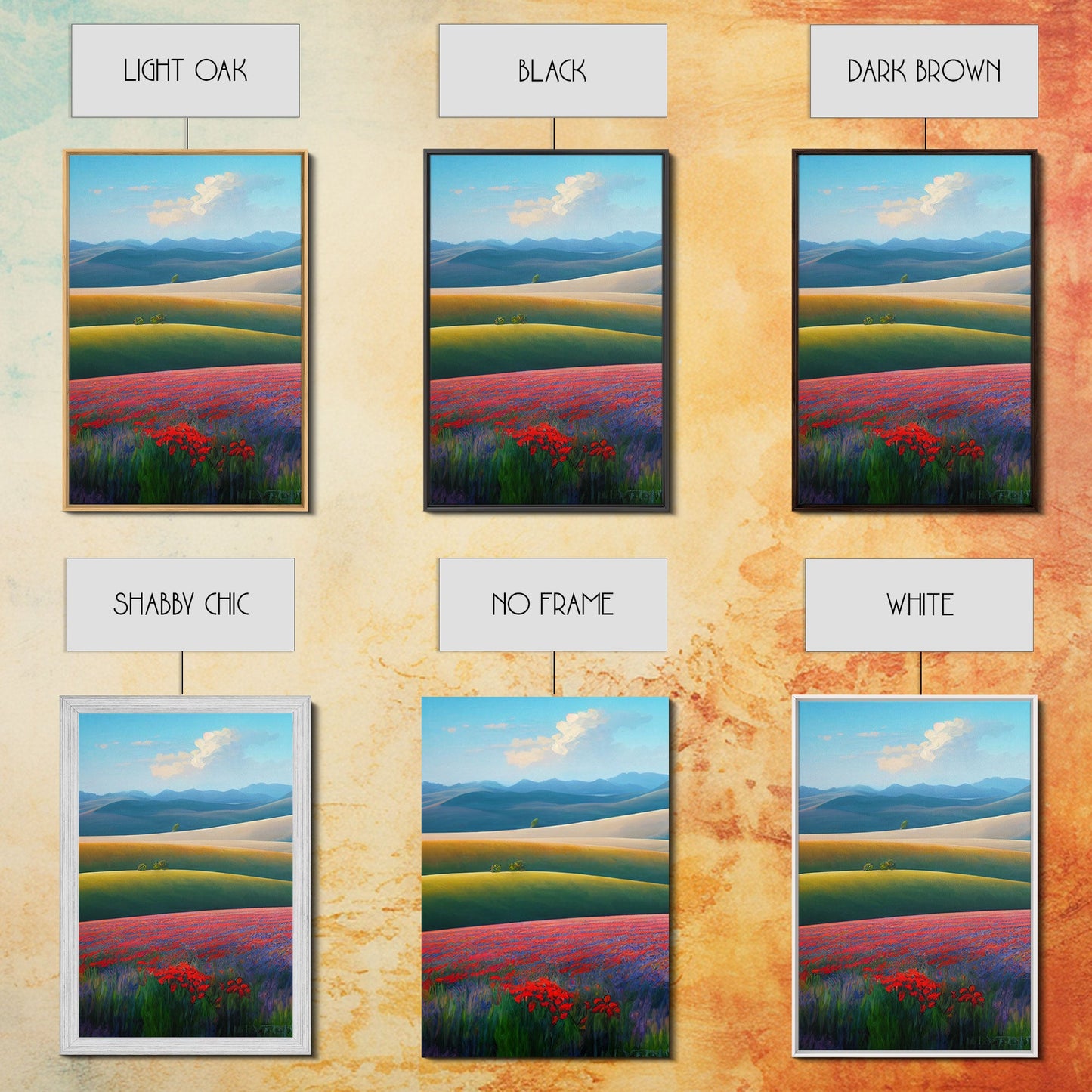 Colorful rolling hills, flower fields, landscape art,  3 piece wall art, 3 piece canvas, cool centerpiece living room wall art