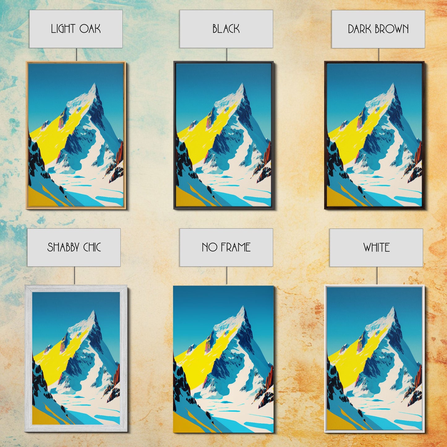 Retro Mount Everest Landscape Art, Framed Canvas Print, Retro Style Painting, Snow Capped Peaks, Orange Landscape, Minimalist MCM Art