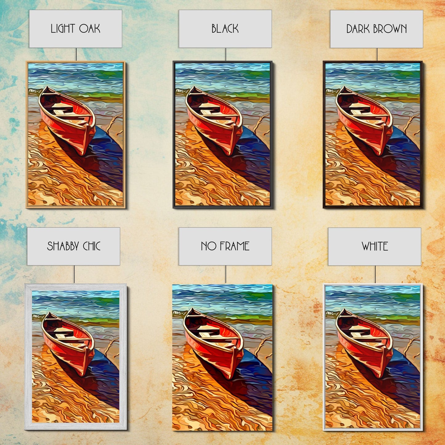 Abandoned Canoe On The Lake, Framed Canvas Print, Oil Painting Style, Abstract Wall Art, Lakehouse Wall Decor, Boho Art