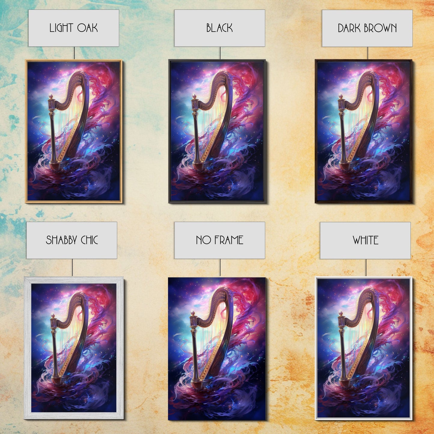 Heavenly Harp Among The Stars, Harp Art, Harp Print, Framed Canvas Art, Harp Wall Decor, Music Gift