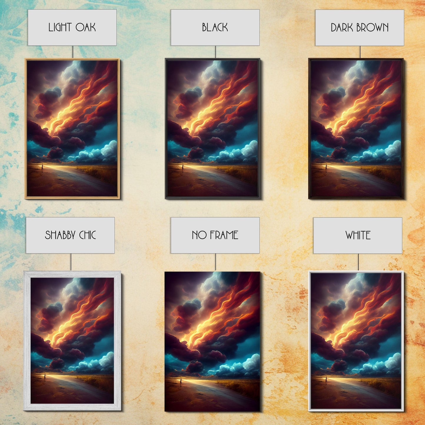 Watercolor painting canvas print of a thunder storm, gloomy wall art, golden hour, cool rain storm wall art