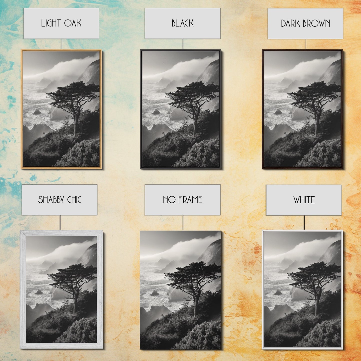 Tree On Cliffs, Foggy Coastline, Monochrome Coastal View, Moody Nature Scene, Framed Canvas Print, Bedroom Wall Art, Earthy Minimalist Decor
