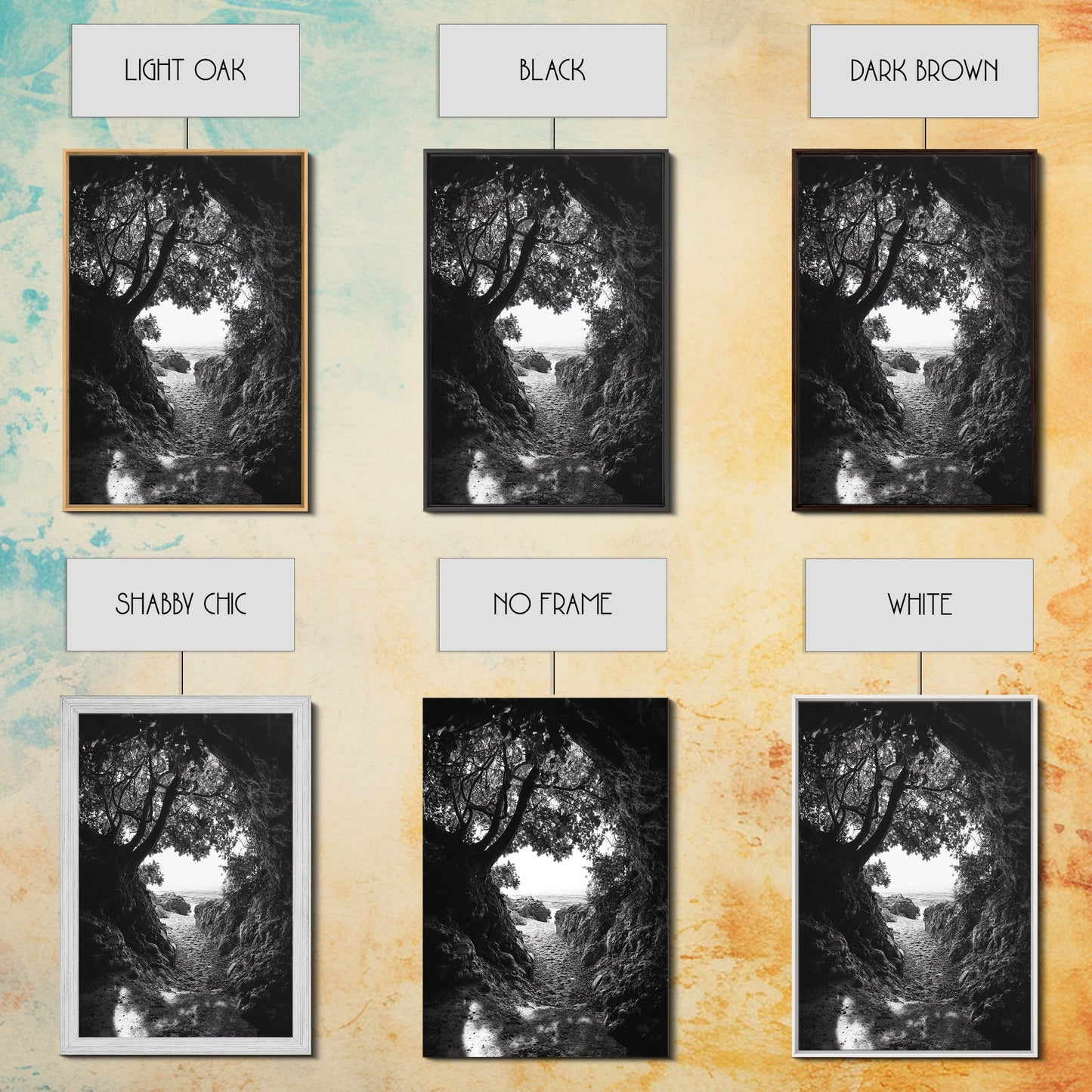 Hidden Beach, Cave Entrance, Secret Shoreline, Natural Light, Canvas Print, Bathroom Wall Decor, Travel Inspired Art, Black And White