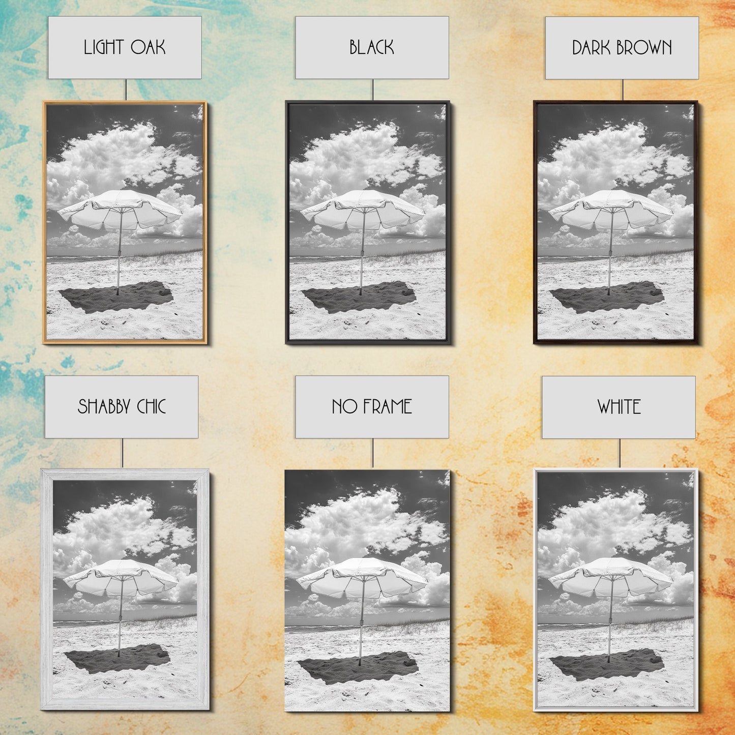 Beach Umbrella, Sunny Escape, Coastal Cloudscape, Framed Canvas Print, Summer Vibe Wall Art, Outdoor Living Decor, Travel Mood