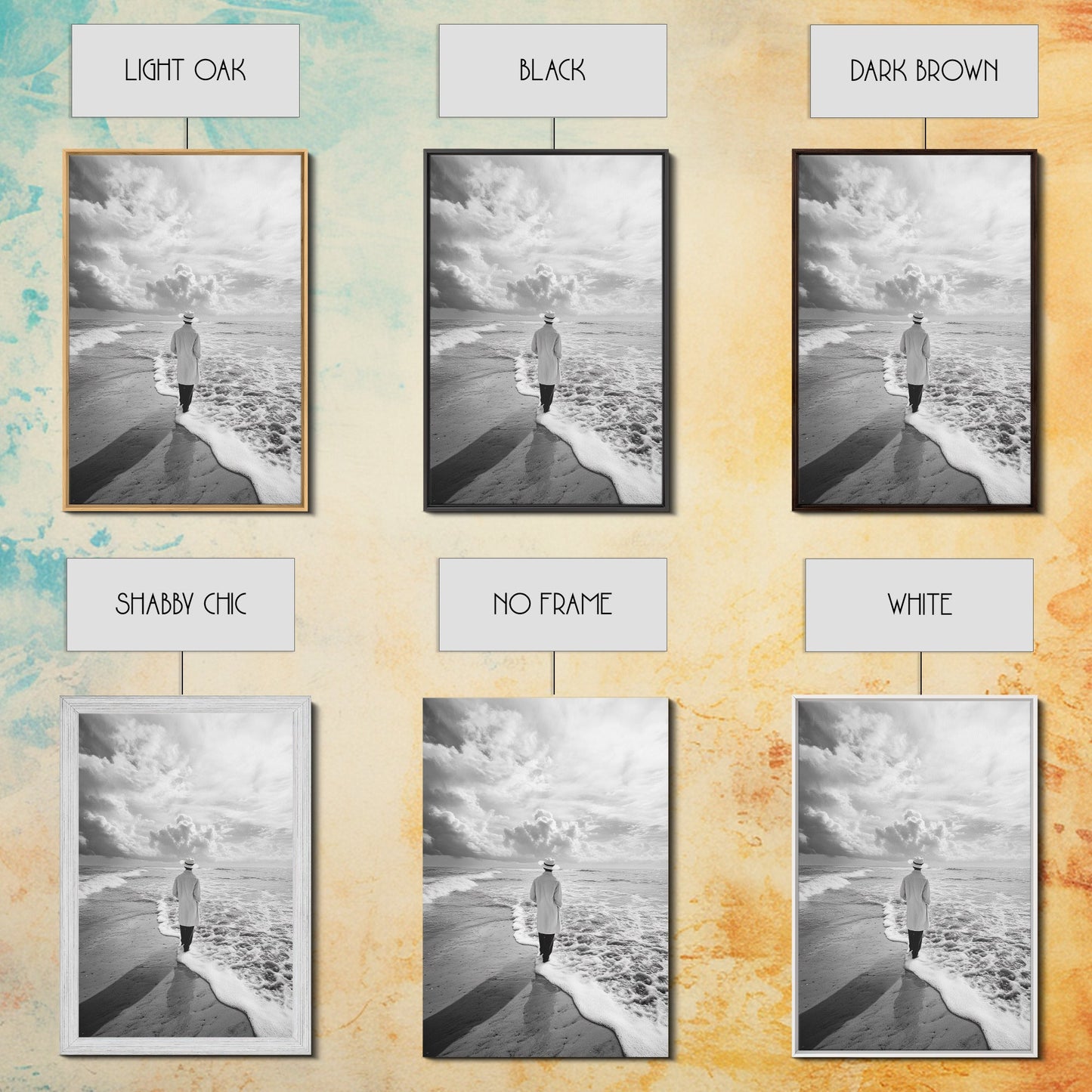 Man On Shore, Thoughtful Walk, Ocean Wanderer, Framed Canvas Print, Minimalist Fall Art, Bedroom Decor, Moody Coastal Scene