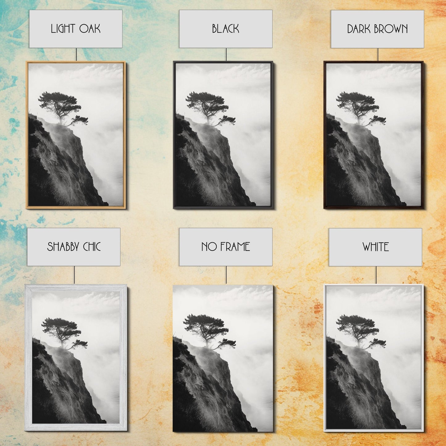 Lone Cliff Tree, Foggy Landscape, Nature Wall Decor, Framed Canvas Print, Minimalist Tree Art, Tranquil Living Room Wall Art