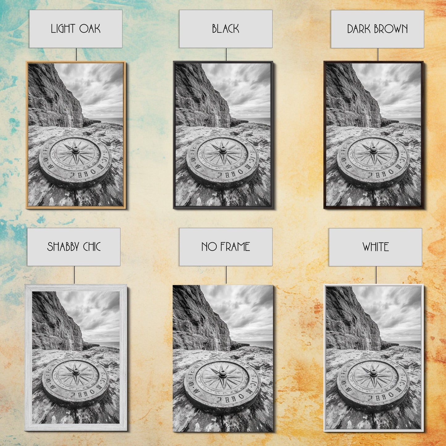 Compass On Cliff, Adventure Travel Art, Nautical Wall Decor, Framed Canvas Print, Rustic Office Art, Nature Explorer Gift Idea