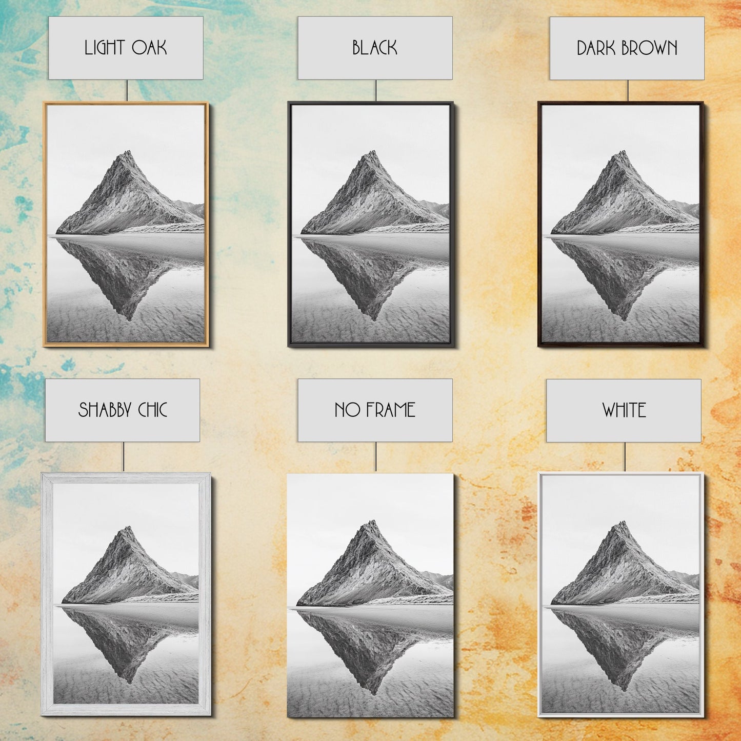 Mountain Mirror, Coastal Peak, Serene Beach, Canvas Print, Minimalist Landscape Art, Modern Living Room Wall Decor, Monochrome Nature Style