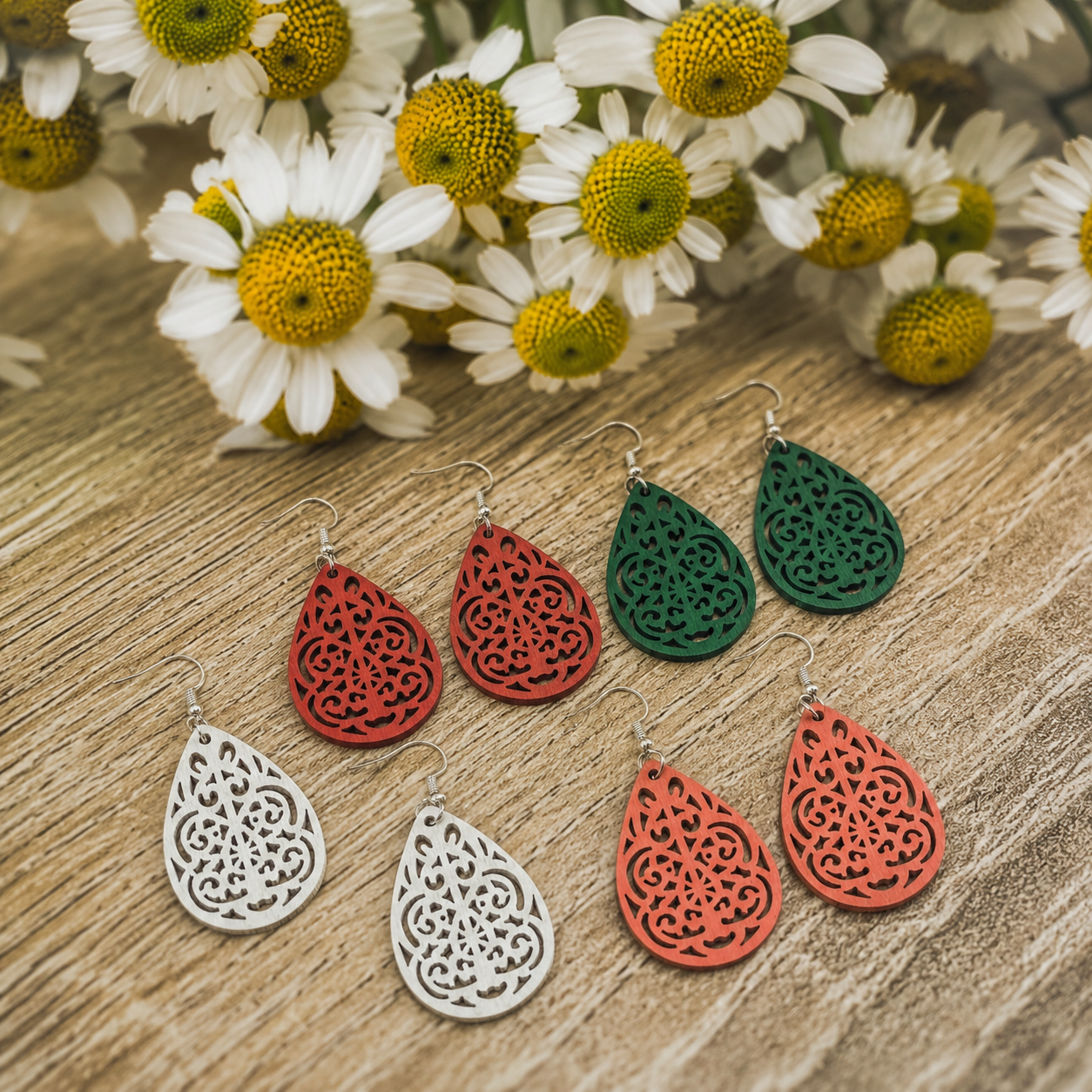 Set of Four Beautiful Carved Wood Earrings