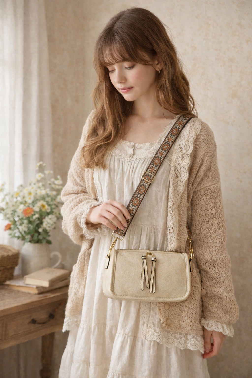 Bohemian Wide Shoulder Strap Crossbody Bag worn by a woman in a cozy outfit, showcasing its boho style and design.