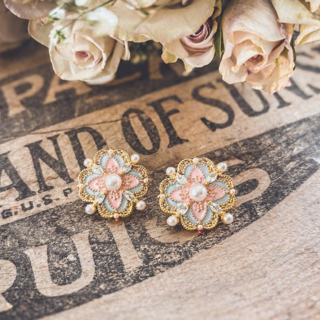 Beautiful Vintage Pastel and Pearl Stud Earrings