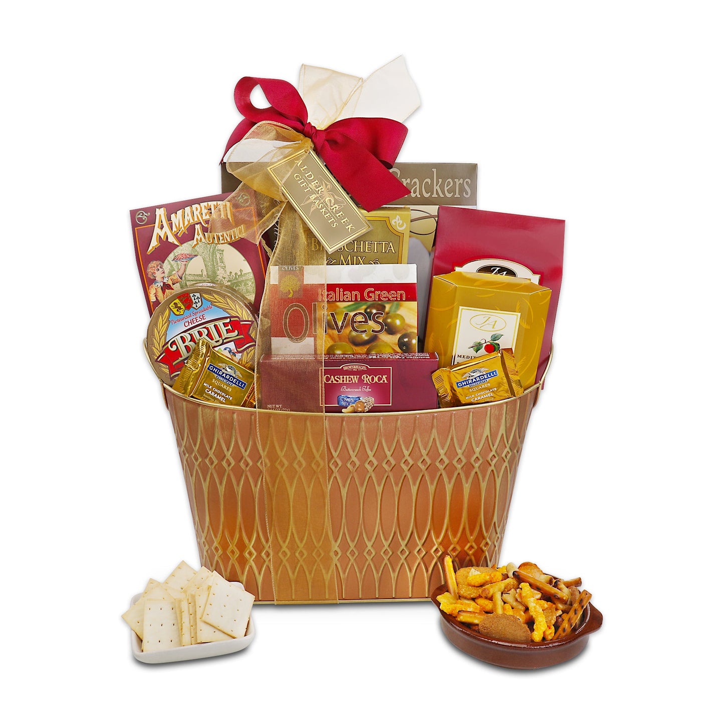 Gift basket with snacks and treats on a white background