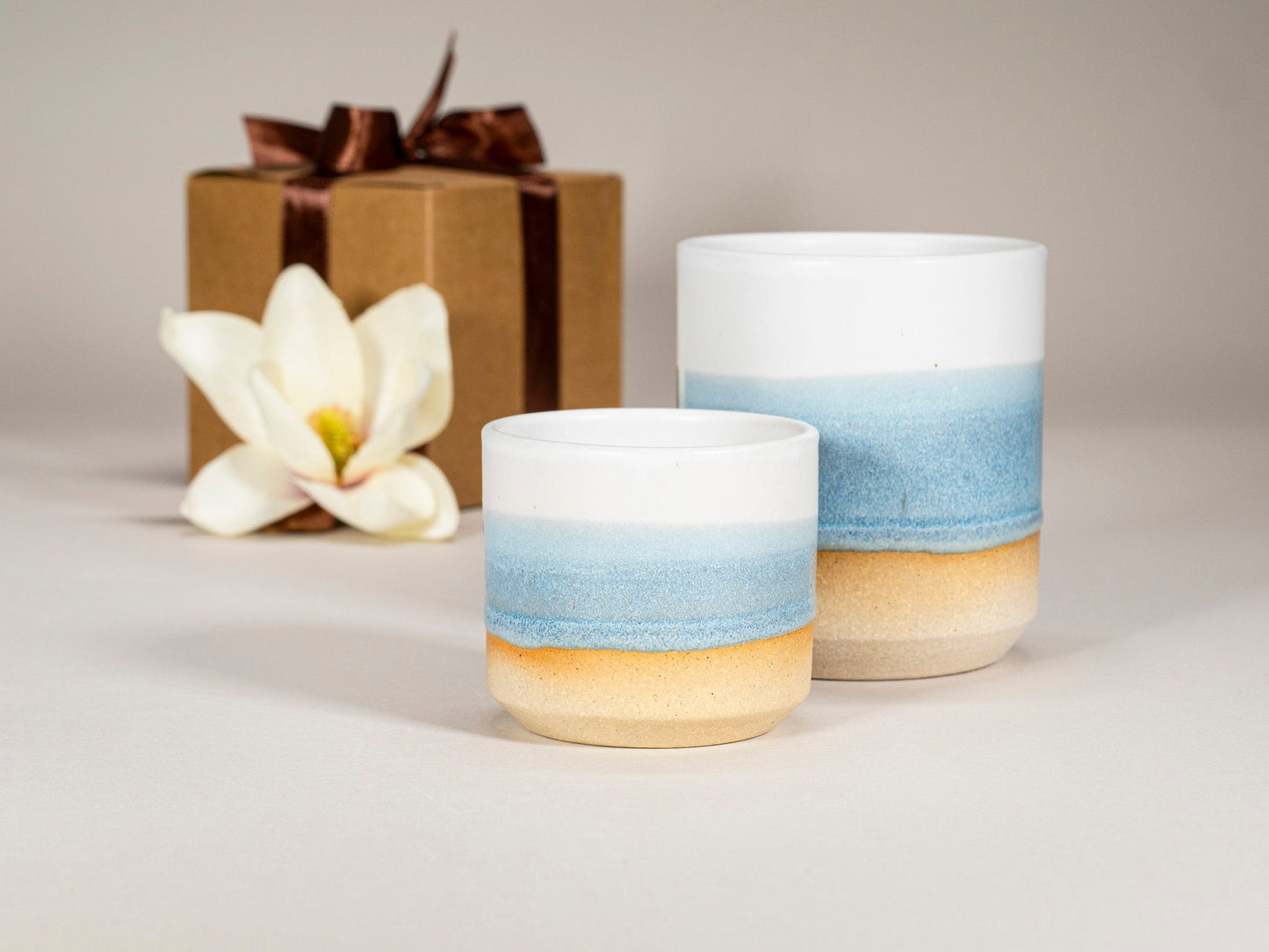 Gift Set: 14 oz cup and 5.5 oz cup in Ice Blue White Stoneware