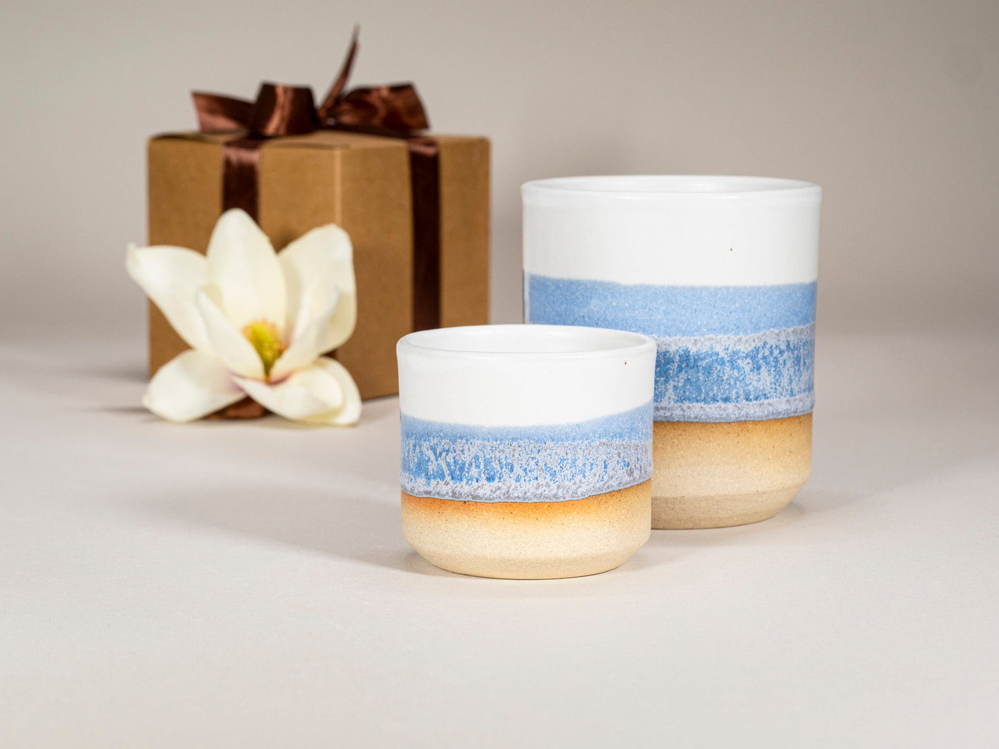 Gift Set: 14 oz cup and 5.5 oz cup in Blue Purple White Stoneware