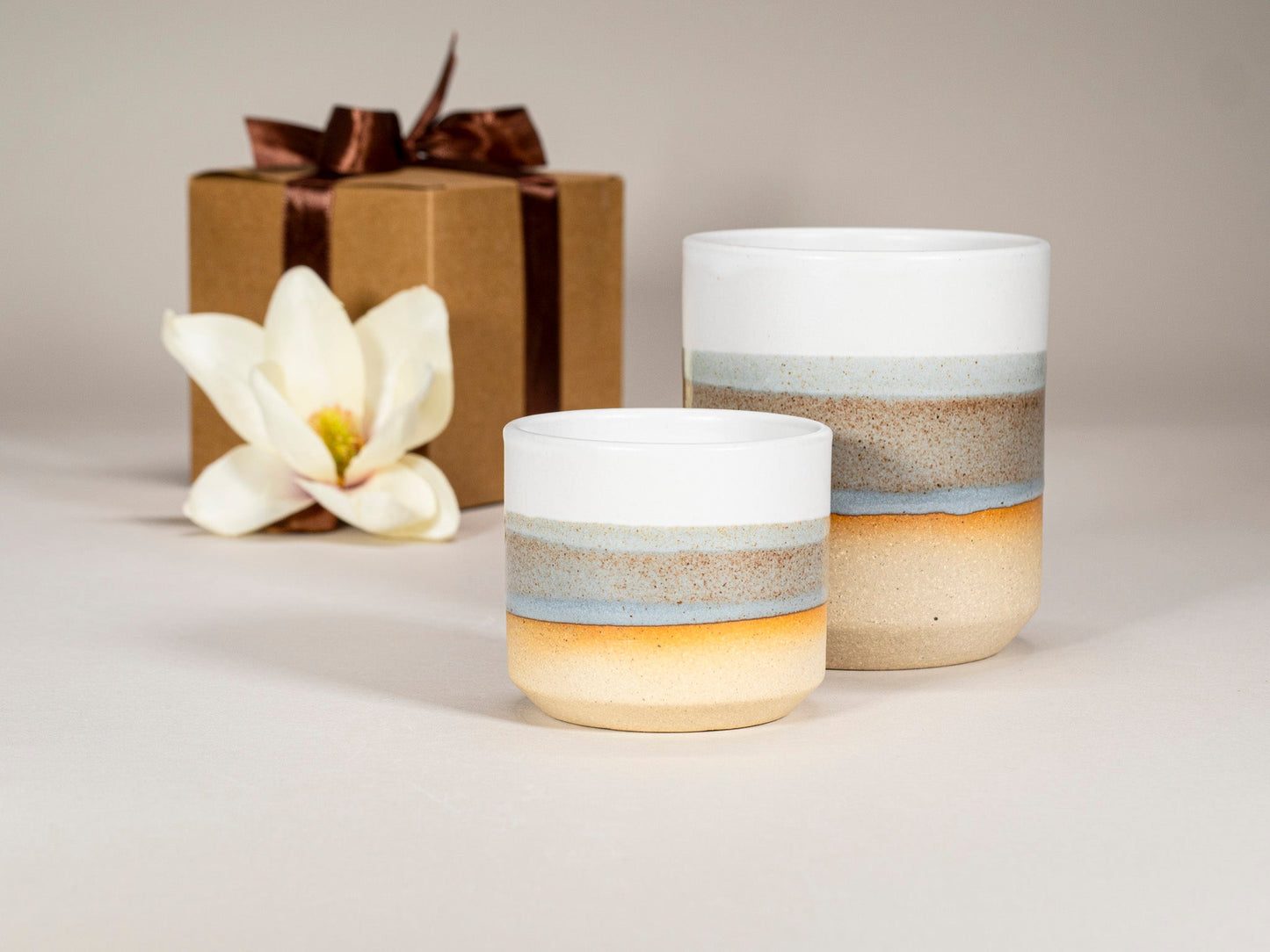 Gift Set: 14 oz cup and 5.5 oz cup in Brown Blue White Stoneware