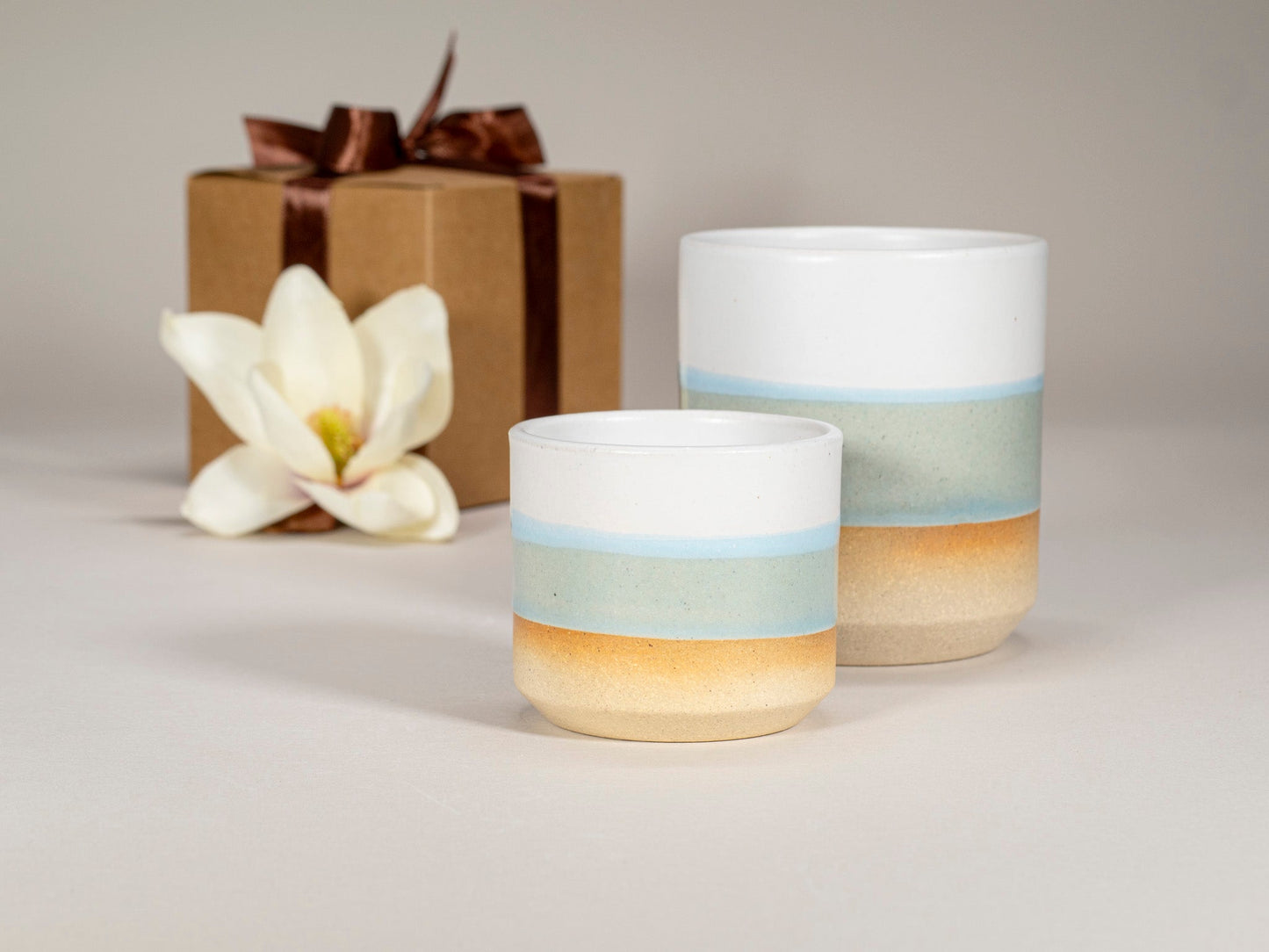 Gift Set: 14 oz cup and 5.5 oz cup in Light Blue White Stoneware