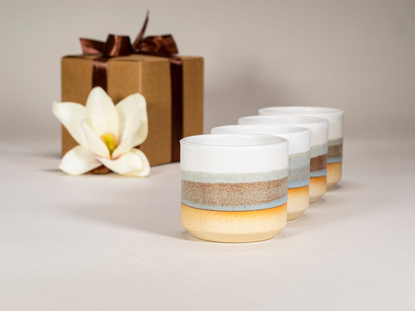 Gift Set: 14 oz cup and 5.5 oz cup in Brown Blue White Stoneware