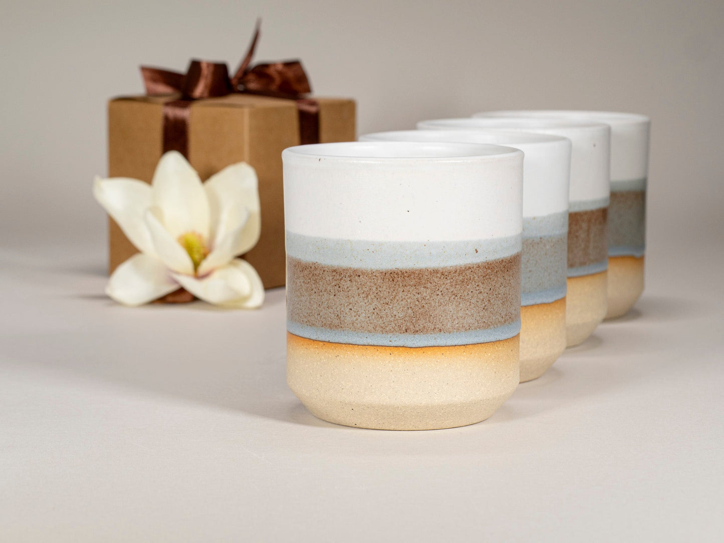 Gift Set: 14 oz cup and 5.5 oz cup in Brown Blue White Stoneware