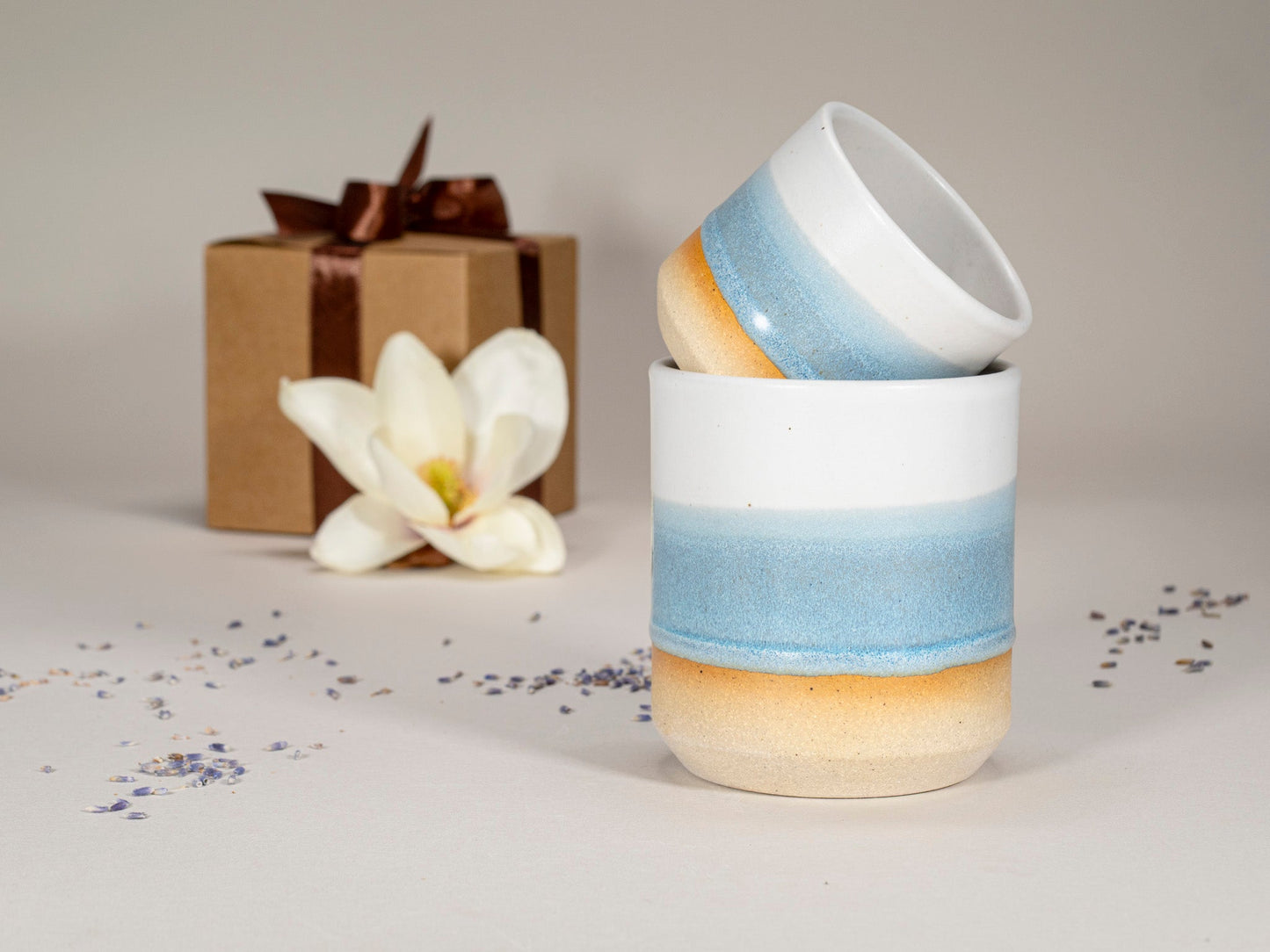 Gift Set: 14 oz cup and 5.5 oz cup in Ice Blue White Stoneware