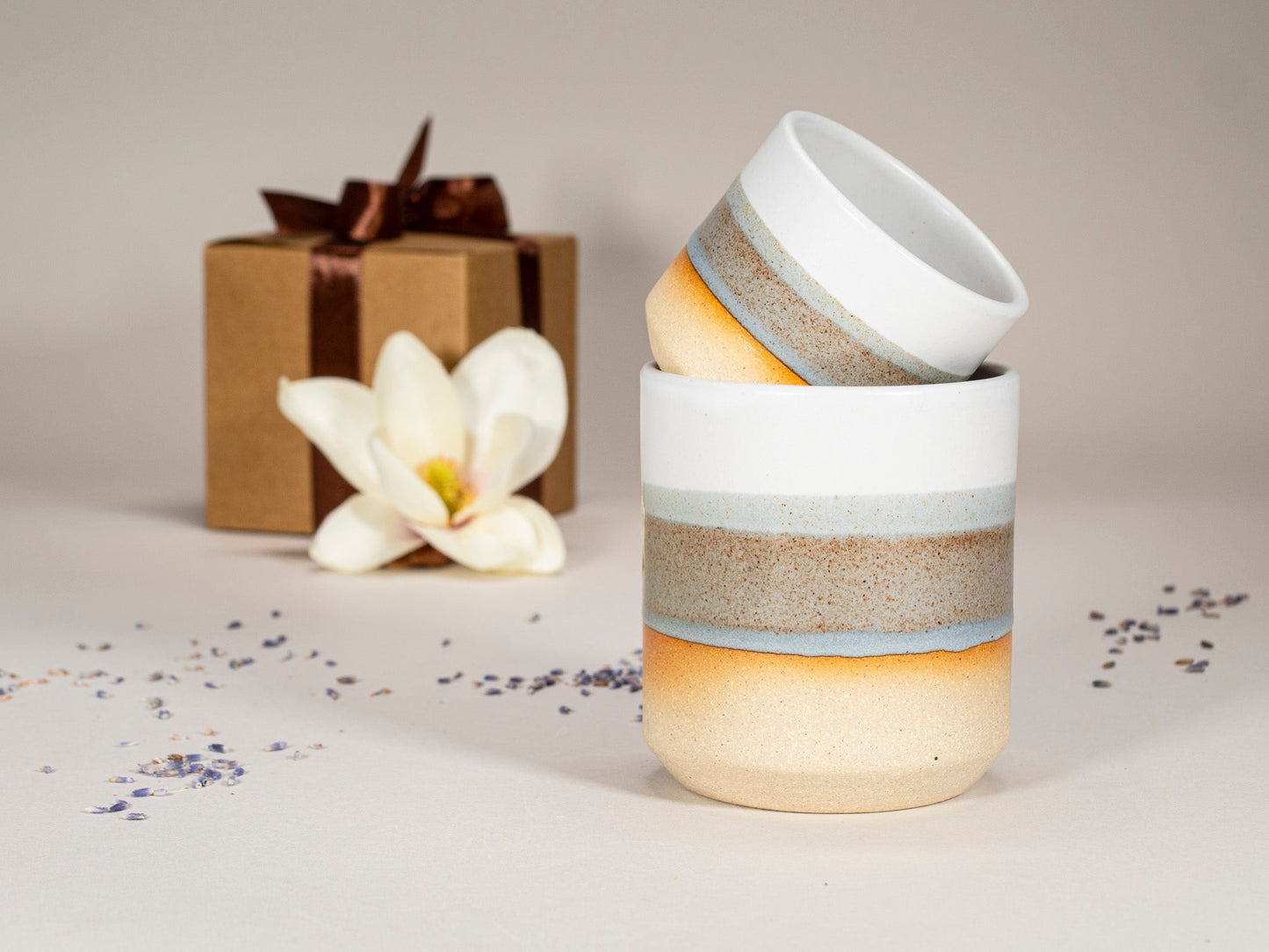 Gift Set: 14 oz cup and 5.5 oz cup in Brown Blue White Stoneware
