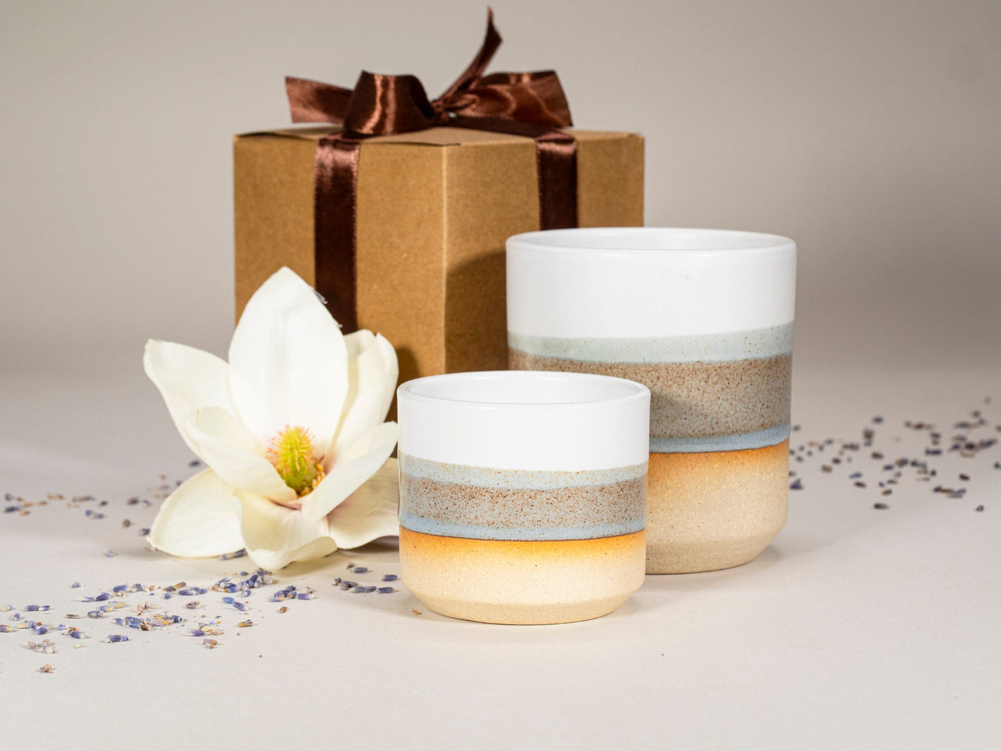 Gift Set: 14 oz cup and 5.5 oz cup in Brown Blue White Stoneware