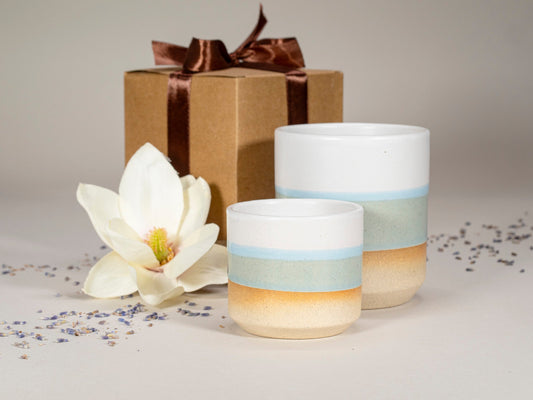 Gift Set: 14 oz cup and 5.5 oz cup in Light Blue White Stoneware