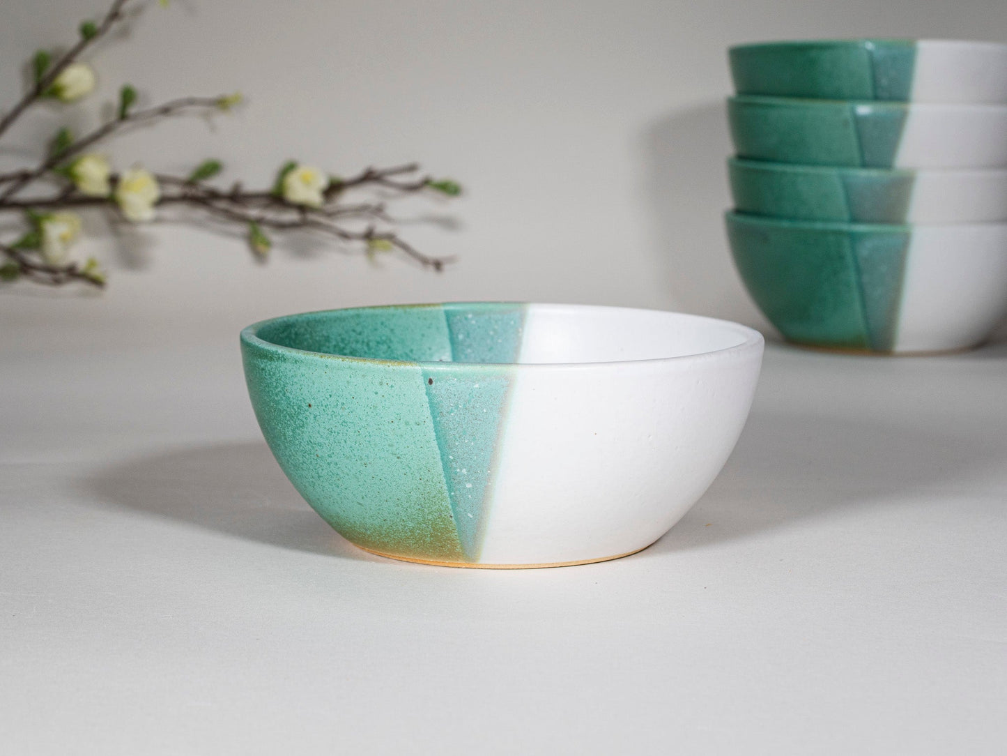 Breakfast Salad Soup Bowl Green White Stoneware Handmade