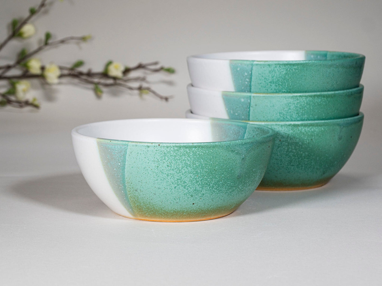 Breakfast Salad Soup Bowl Green White Stoneware Handmade