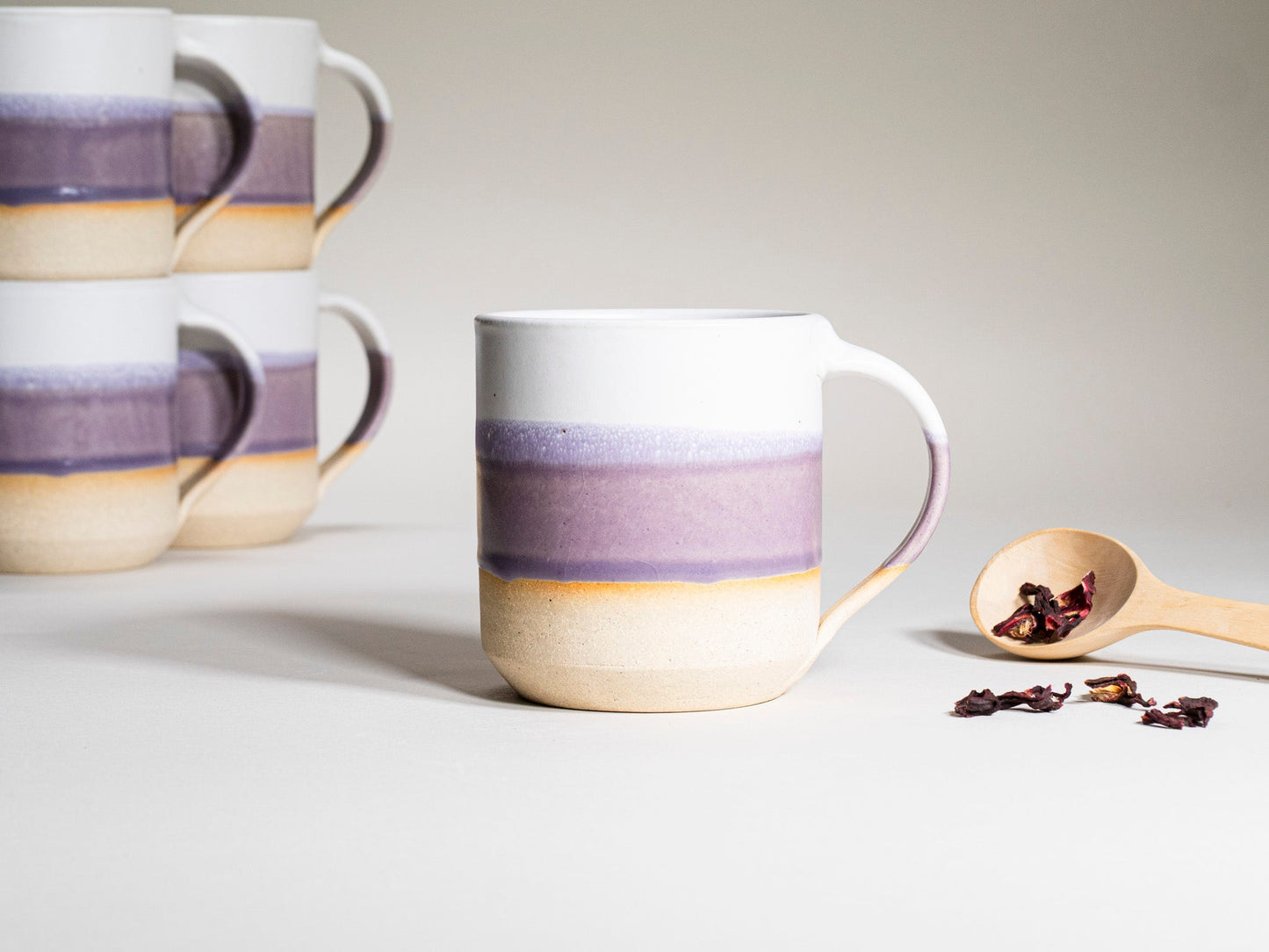 Ceramic Coffee Tea Mug with Handle Purple White 14 oz Stoneware