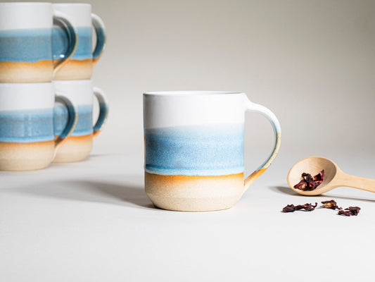 Ceramic Coffee Tea Mug with Handle Ice Blue White 14 oz Stoneware