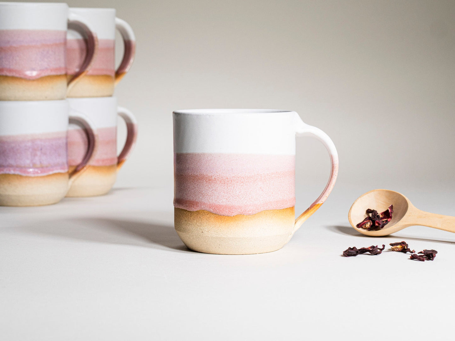Ceramic Coffee Tea Mug with Handle Pink White 14 oz Stoneware
