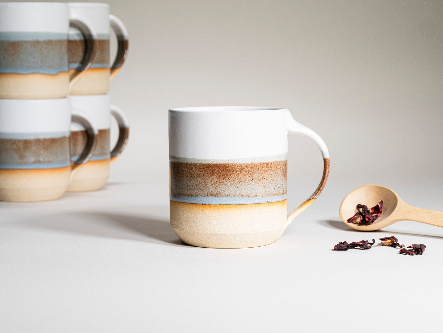 Ceramic Coffee Tea Mug with Handle Brown-Blue White 14 oz Stoneware