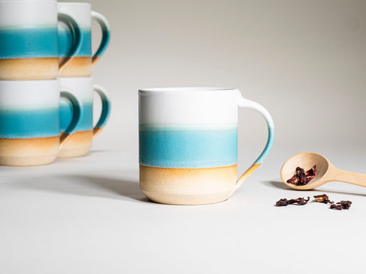 Ceramic Coffee Tea Mug with Handle Turquoise White 14 oz Stoneware